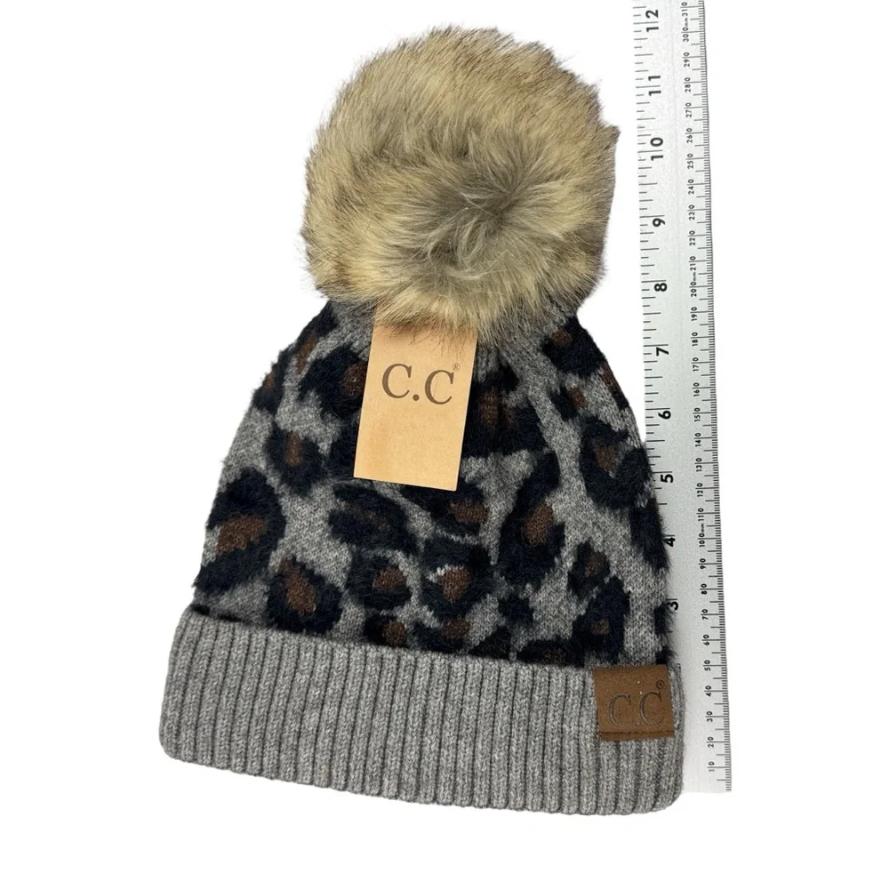 C.C Animal Print Hat Soft Warm Knit Cuff‎ Faux Fur Pom Beanie Leopard Print Kids
